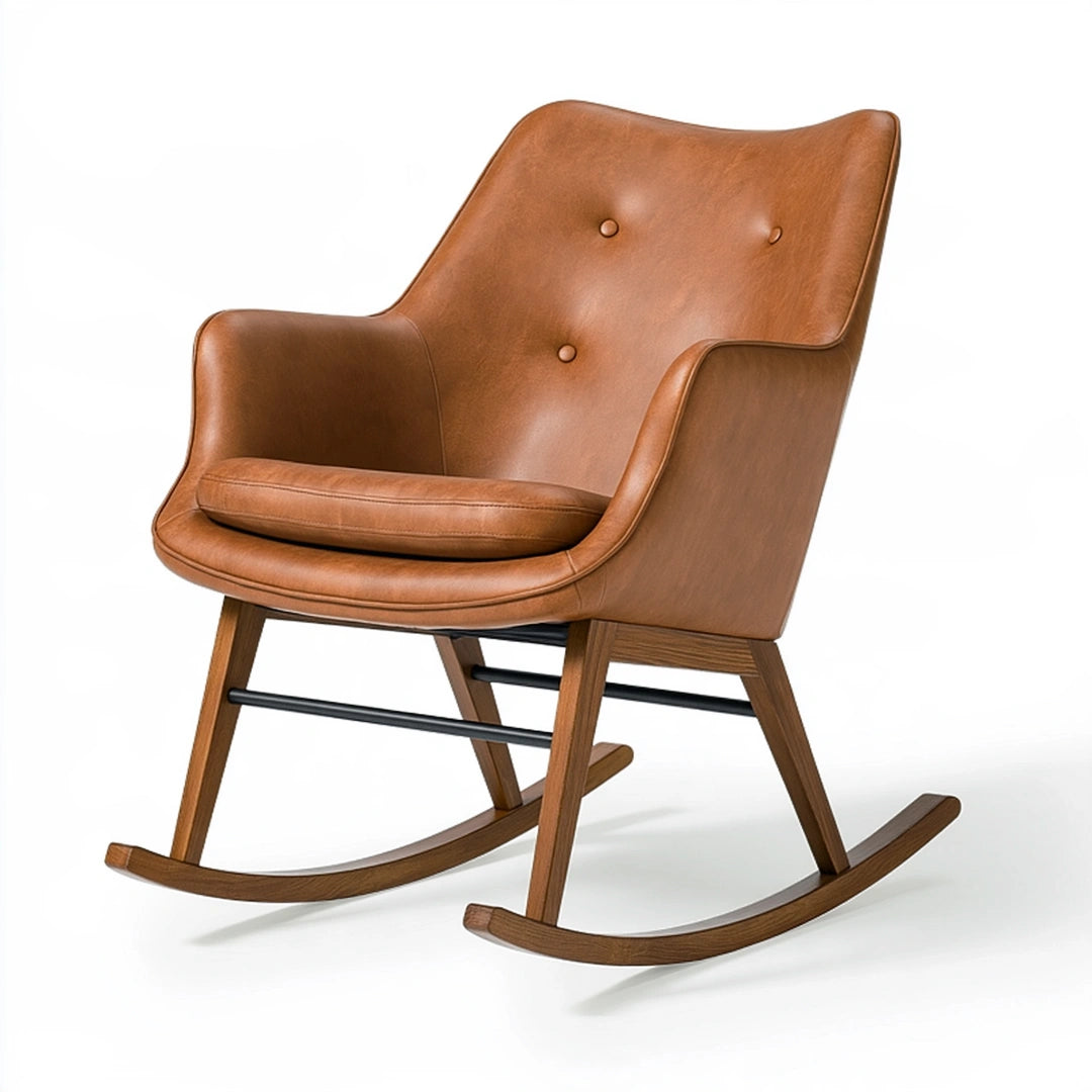 Schaukelstuhl 90 x 70 x 98 cm in Cognacbraun mit Lederoptik und Holzgestell im Retro-Stil