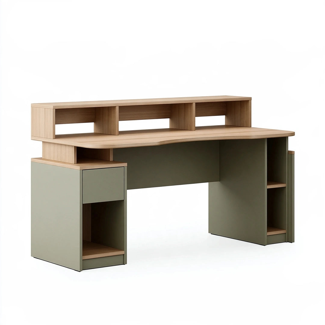 Schreibtisch 160 x 60 x 100 cm Holzwerkstoff Naturgrün mit Stauraum und Aufsatzregal