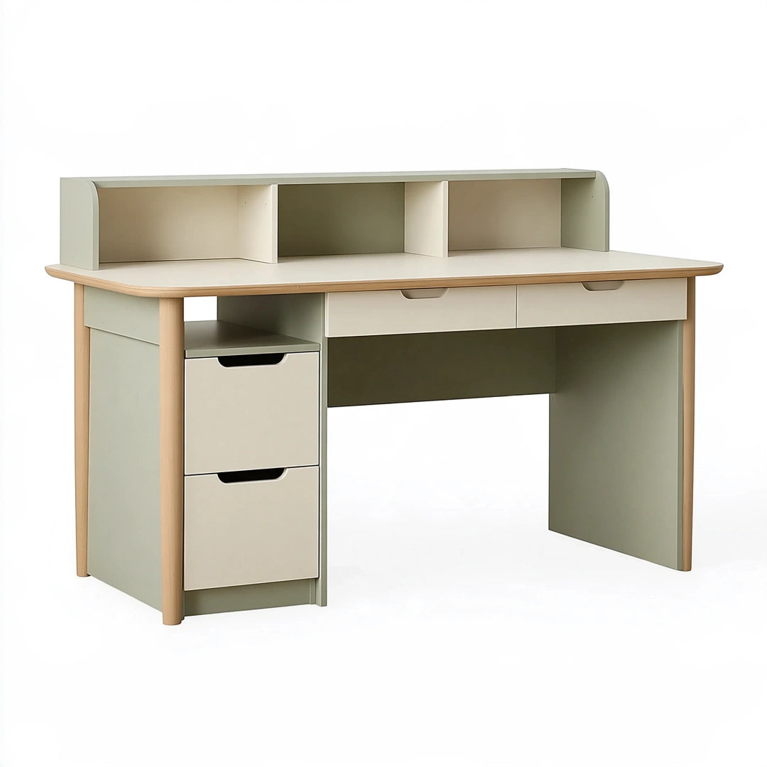 Schreibtisch 120 cm x 60 cm x 100 cm aus Holzwerkstoff in Creme und Naturholz mit Schubladen und Aufsatzregal