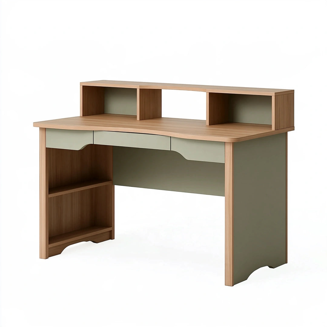 Schreibtisch 120 x 60 x 105 cm aus Holzwerkstoff in Naturholz/Salbeigrün mit Aufsatz und Stauraum im modernen Stil