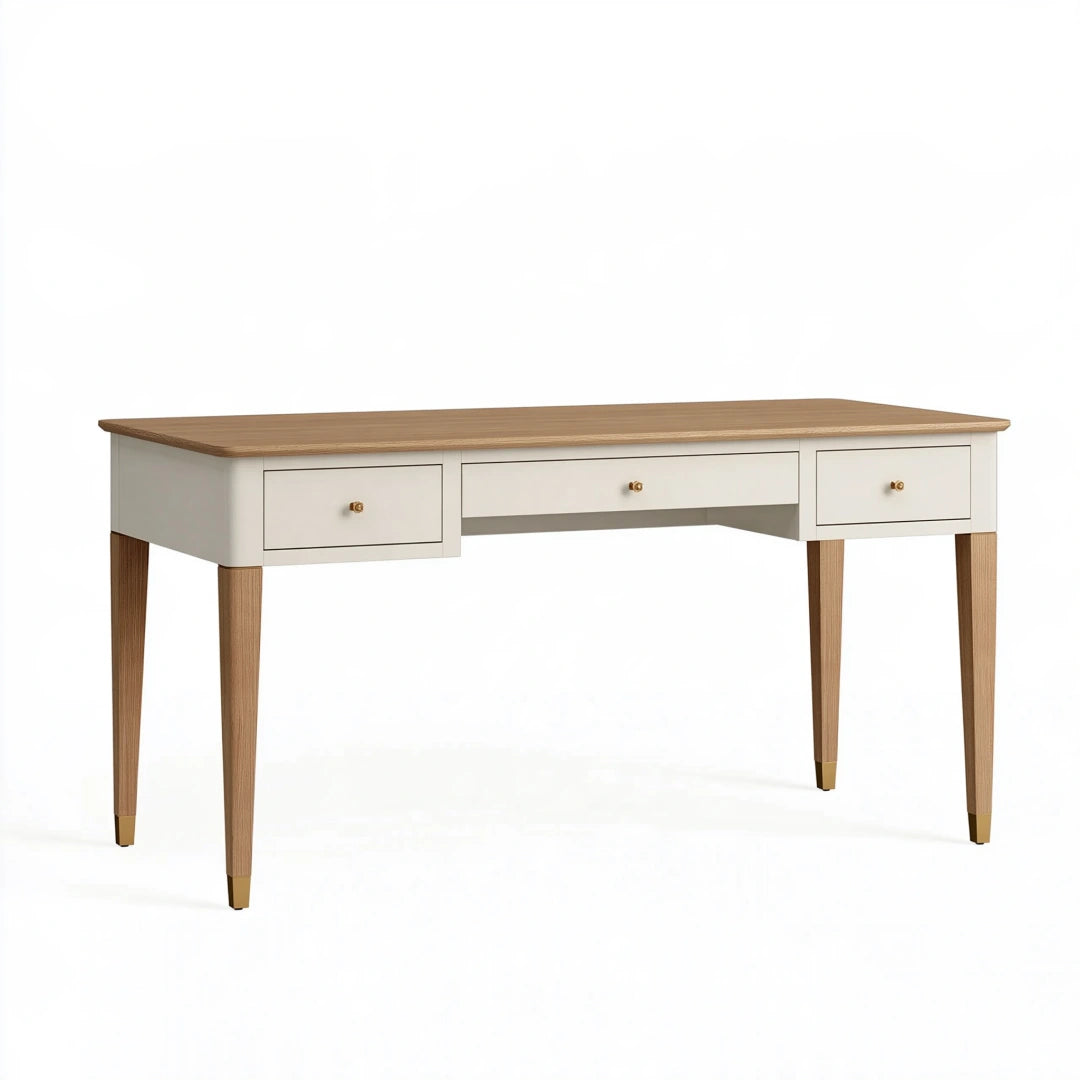 Schreibtisch 140 x 60 x 76 cm aus Holzwerkstoff in Weiß und Naturholz mit 3 Schubladen