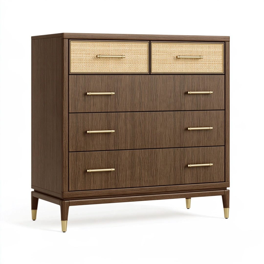 Kommode 90 x 45 x 110 cm in Dunkelbraun mit Geflechtfronten und Metallgriffen im Retro-Stil