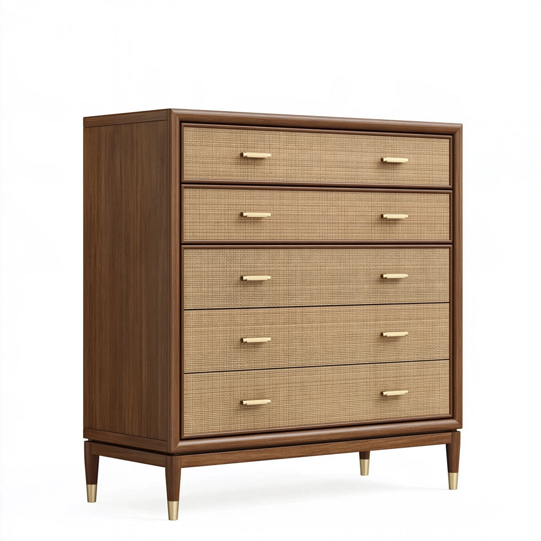Kommode 100 x 45 x 125 cm Holz Rattan Braun für Wohnbereich Mid Century mit 5 Schubladen