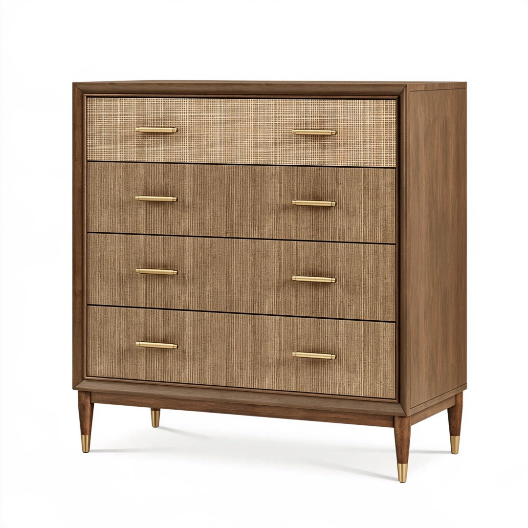 Kommode 100 x 45 x 115 cm in Walnussbraun mit Rattanfronten und 4 Schubladen im Mid-Century-Stil
