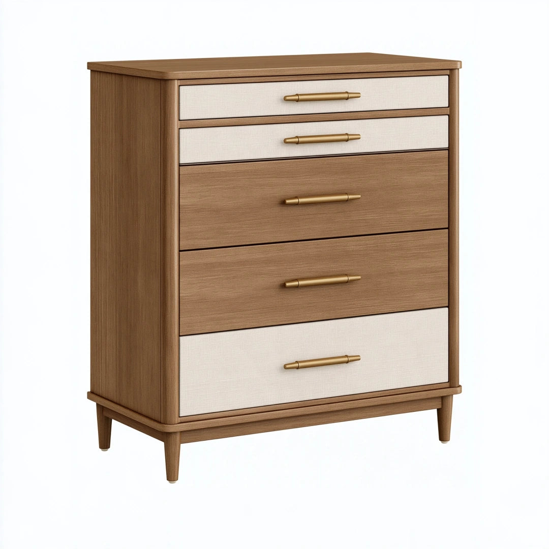 Kommode 90 x 45 x 120 cm in Braun Creme mit fünf Schubladen im Retro-Stil