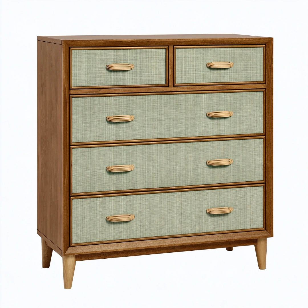 Kommode 100 x 45 x 120 cm Holz Braun Grün mit 6 Schubladen im Retro-Stil