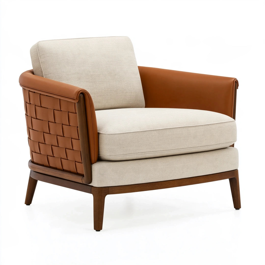 Sessel 85 x 82 x 78 cm mit Textilbezug in Beige und Flechtoptik in Braun