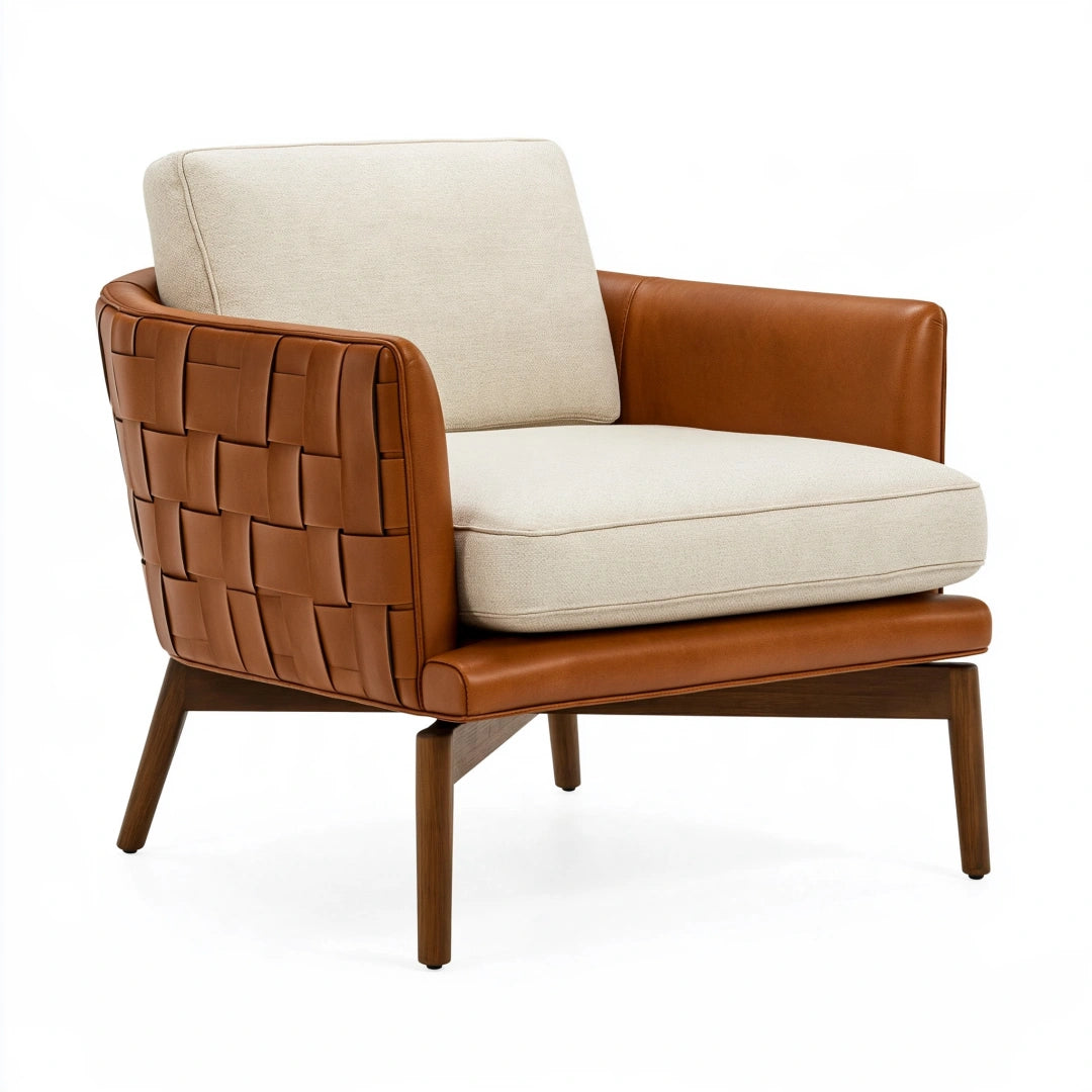 Sessel 82 x 78 x 80 cm mit Kunstleder Webstoff und Holzgestell in Braun Beige - Modernes Wohnzimmermöbel