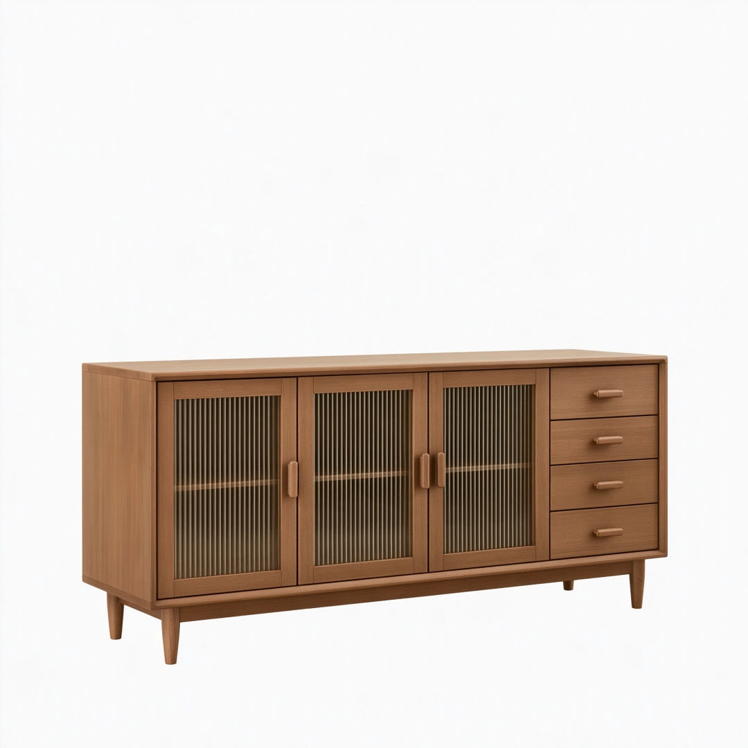 Sideboard 160 x 40 x 85 cm in Braun mit geriffeltem Glaseinsatz im Mid-Century-Stil