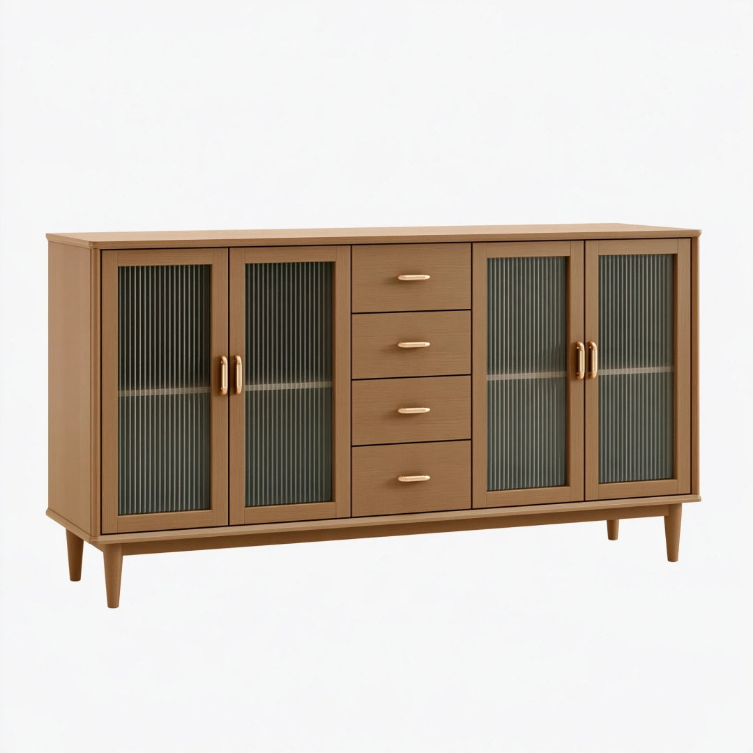 Sideboard 180 x 40 x 90 cm Holz Braun mit Riffelglas im Mid-Century-Stil