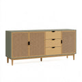 Sideboard 180 x 40 x 85 cm aus Holzwerkstoff in Olivgrün und Natur mit Rattangeflecht im Mid-Century-Stil