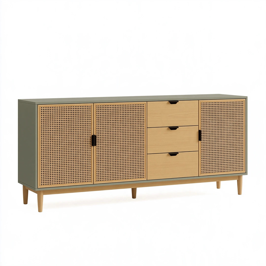 Sideboard 180 x 40 x 85 cm aus Holzwerkstoff in Olivgrün und Natur mit Rattangeflecht im Mid-Century-Stil