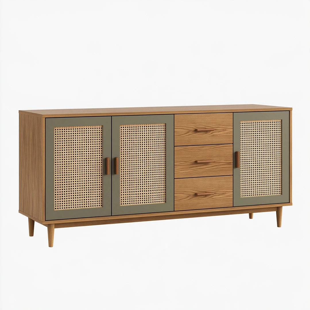 Sideboard 160 x 40 x 85 cm Holzwerkstoff Naturbraun Olivgrün mit Rattangeflecht und Schubladen