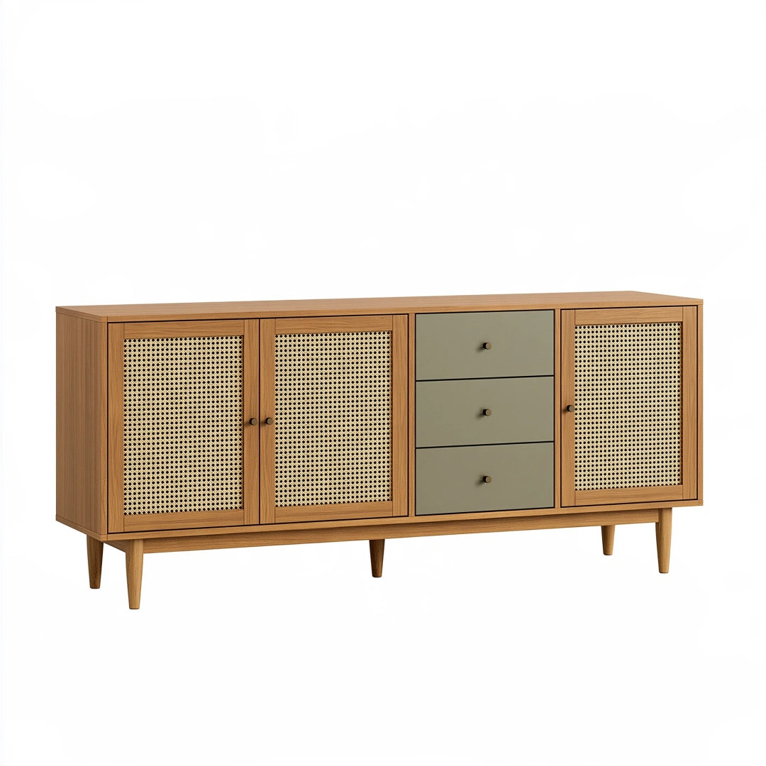 Sideboard 160 x 40 x 80 cm aus Holz Natur Olivgrün mit Rattangeflecht im Mid-Century-Stil