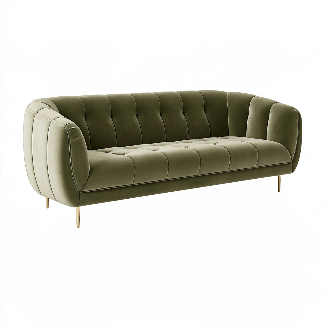 Sofa 220 x 92 x 78 cm olivgrüner Samtbezug Retro Stil mit Knopfheftung