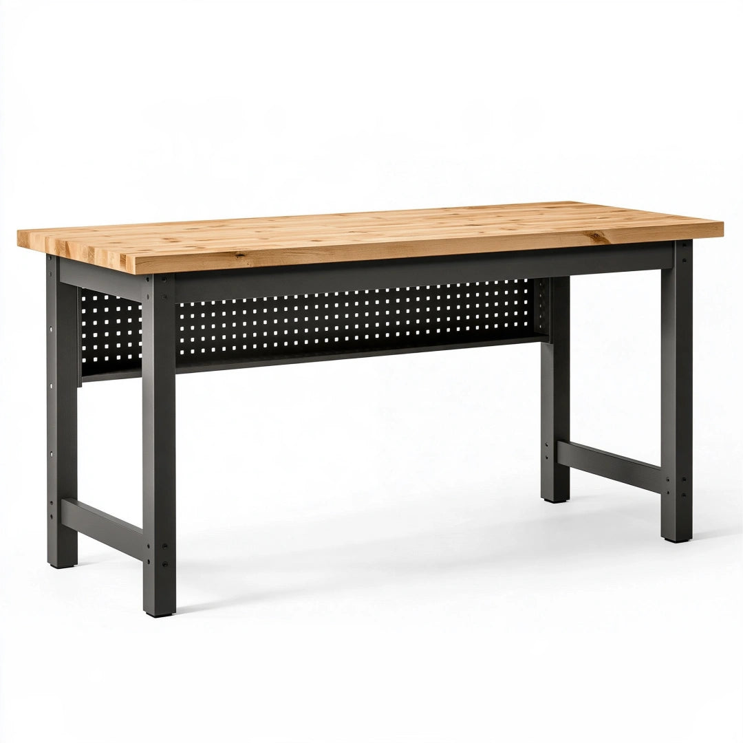 Werkbank 120 x 60 x 90 cm mit Massivholzplatte und Stahlgestell Schwarz/Natur