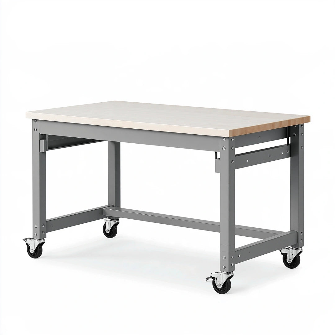 Mobile Werkbank 120 cm x 60 cm x 90 cm aus Holzwerkstoff und Stahl in Grau mit Rollen