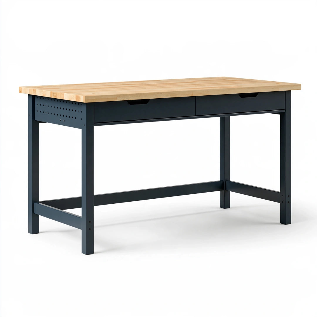 Werkbank 120 x 60 x 90 cm mit Massivholzplatte und Stahlgestell Schwarz Natur Industriestil mit 2 Schubladen